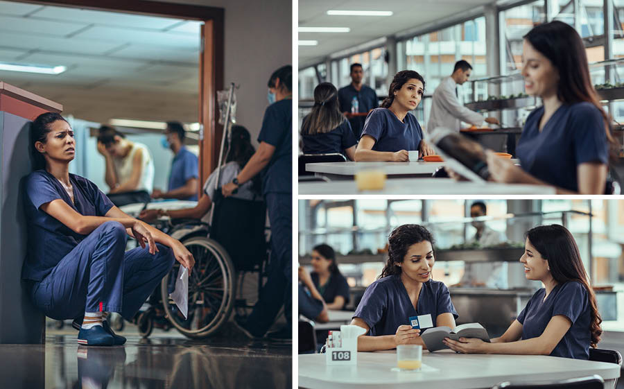 Huaquin fotocuna: 1. Hospitalpi shuj enfermerami shaicushca, llaquilla cashpa pambapi tiyaricun. 2. Samarina horaspi cashpami paipaj compañera shuj revistata cushilla liyicujta ricucun. 3. Paipaj compañerami Bibliamanta shuj versota liyicun. JW.ORG paginaman yaicuchunpishmi shuj tarjetata cucun.