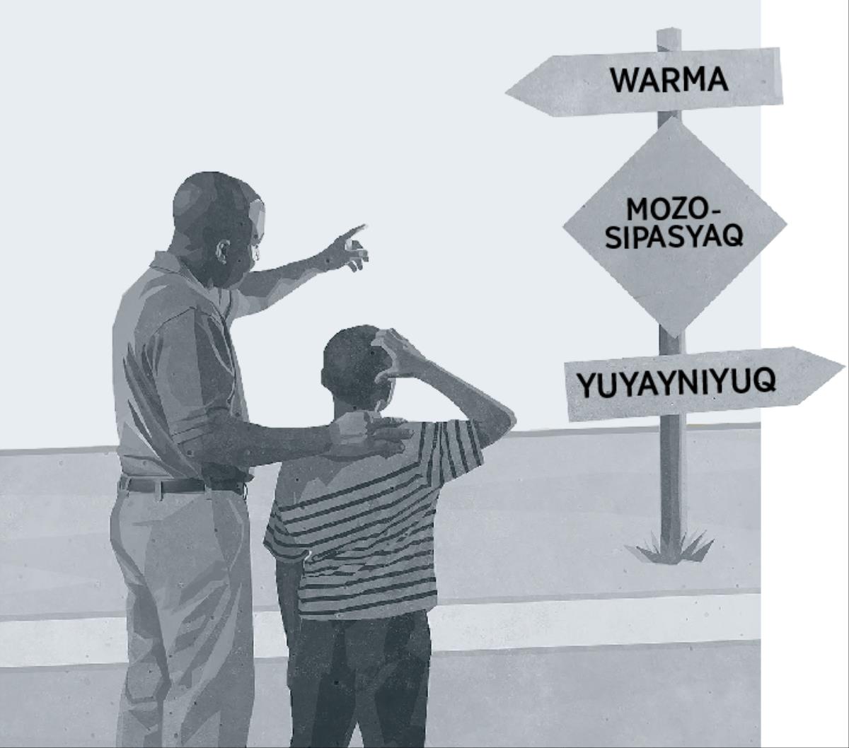 Huk taytam churinwan qawachkanku letreropi “warma”, “mozo-sipasyaq” hinaspa “yuyayniyuq” nispa qillqasqakunata