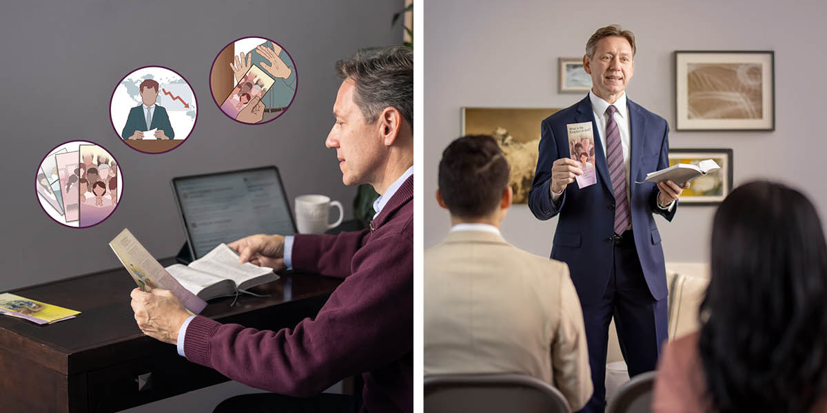 Fotokuna: 1. Huk iñiqmasinchikmi preparakuchkan predicacionta diriginanpaq. Uchuy dibujochakunapiñataqmi kachkan achka tratadokuna, noticiamanta willakuq runa hinaspa tratadonchikta mana chaskiy munaq runa. 2. Hina payllam Diosmanta willakuq manaraq richkaptinku iñiqmasinchikkunata yachachichkan huk tratadowan imaynata willakunankupaq.