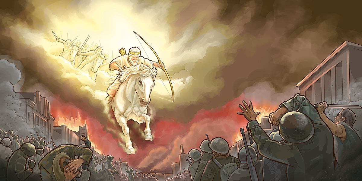 Jesuswan yanapaqninkunam caballopi sillada Diospa enemigonkunata chinkachinanpaq kachkanku.