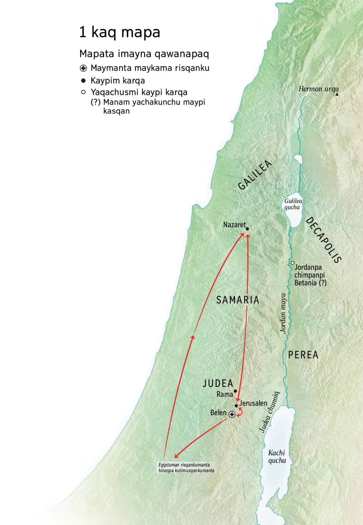 Belenpi, Nazaretpi hinaspa Jerusalenpi Jesuspa purisqanmanta mapa