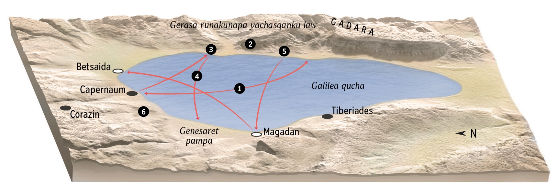 Galilea quchapa muyuriqnin llaqtachakunapi Diospa munayninta Jesuspa ruwasqanmanta mapa