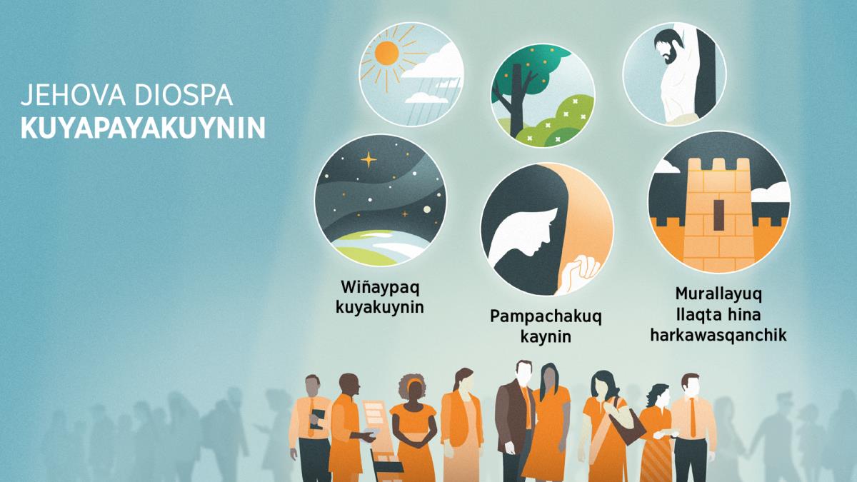 Jehova Diospa testigonkunam qilluchawan pintasqa kachkanku. Dibujokunamanta: Jehova Diospa kuyapayakuynin. 1. Wiñaypaq kuyakuynin. Ruyruchapiñataqmi kachkan allpa pacha hinaspa lucerokuna. 2. Pampachakuq kaynin. Ruyruchapiñataqmi kachkan iñiqmasinchik Diosta mañakuchkan. 3. Murallayuq llaqta hina harkawasqanchik. Ruyruchapiñataqmi kachkan murallasqa llaqta. Hanay lawpiñataqmi kachkan llapallan runakunata Jehova Dios kuyaspanchik quwasqanchik. 4. Inti hinaspa para. 5. Waytakuna, frutakuna hinaspa sachakuna. 6. Jesuspa wañukusqan.