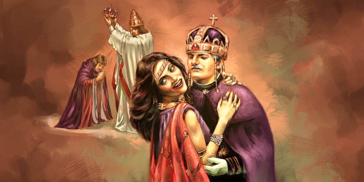 Jatun Babiloniatan rijch’anachikun k’anchaq puka p’achayoq qhellipi kausaq warmiwan, paymi juj reyta abrazaykushan. Juj ladopitaq juj religionmanta umalli juj kamachikuqman juj coronata churashan