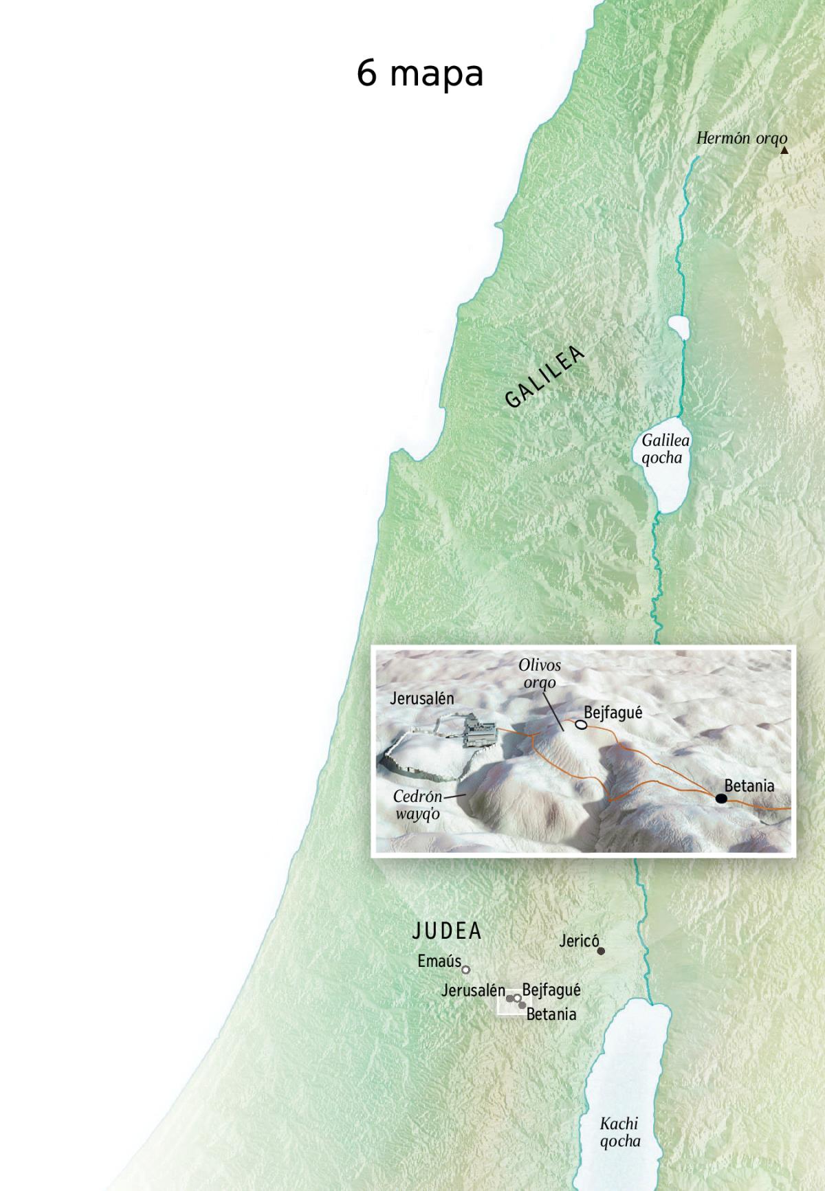 Jesús Diospaq llank’asqanta tukupunanpaqña kashaqtin maykunapichus purisqanta willaq mapa. Mapapin rijurin Jerusalén, Betania, Bejfagué, olivos orqo ima