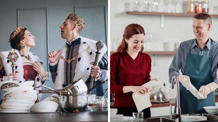 Fotokuna: 1. Warmi qhari reykuna jina p’acharukuspa, ch’aqwashanku pi qhelli platokunata maqllinanmanta. 2. Kunanqa iskayninkun sumaqta platokunata maqllishanku.