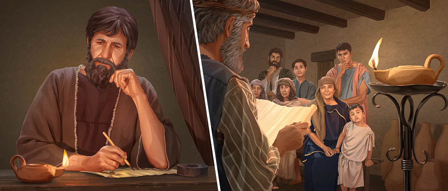 Dibujokuna: 1. Santiagoqa mecheropi ninatan qhawashan, jinaspa juj cartata qelqashan. 2. Ñaupa tiempopin juj cristiano Santiagoq carta apachisqanta juj cristianokunapaq leepushan, paypa ladonpitaq k’anchakunankupaq mechero kashan.