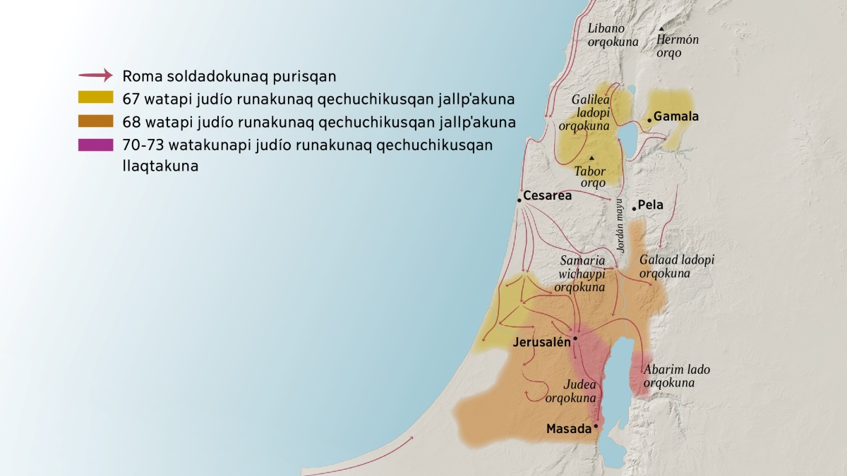 Kay mapapi rikukushan cristianokunaq tiemponpi kaq wakin orqokuna llaqtakuna ima. Jerusalenpa wichay ladonpin kashan Líbano, Galilea, Samaria, Galaad, Hermón, Tabor orqokuna. Chay wichay ladopin kashallantaq Gamala, Cesarea, Pela llaqtakunapas. Jerusalenpa uray ladonpitaq kashan Judea, Abarim orqokuna, chay ladopin kashallantaq Masada llaqtapas. Chay mapapin rikukushan maykunapis Roma soldadokuna puriranku chayta, chaymantapas willashanmi Judeapi ima llaqtakunatas Roma soldadokuna qechuranku 67-73 watakama chaytapas.