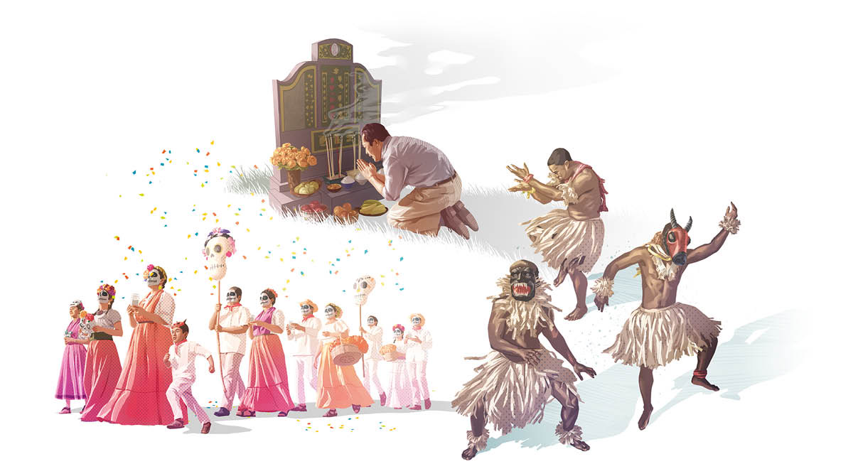 Tutu: Te au peu no te akamori i te aronga mate. 1. Tuturi tetai tangata ki mua i te toka menema ma te au atinga kai. 2. Tokotoru tangata peu tupuna i roto i to ratou kakau ura. 3. Aaere te katoatoa e to ratou ivi katu tangata e te apai ra i te ivi tangata i te Rā o te Mate.