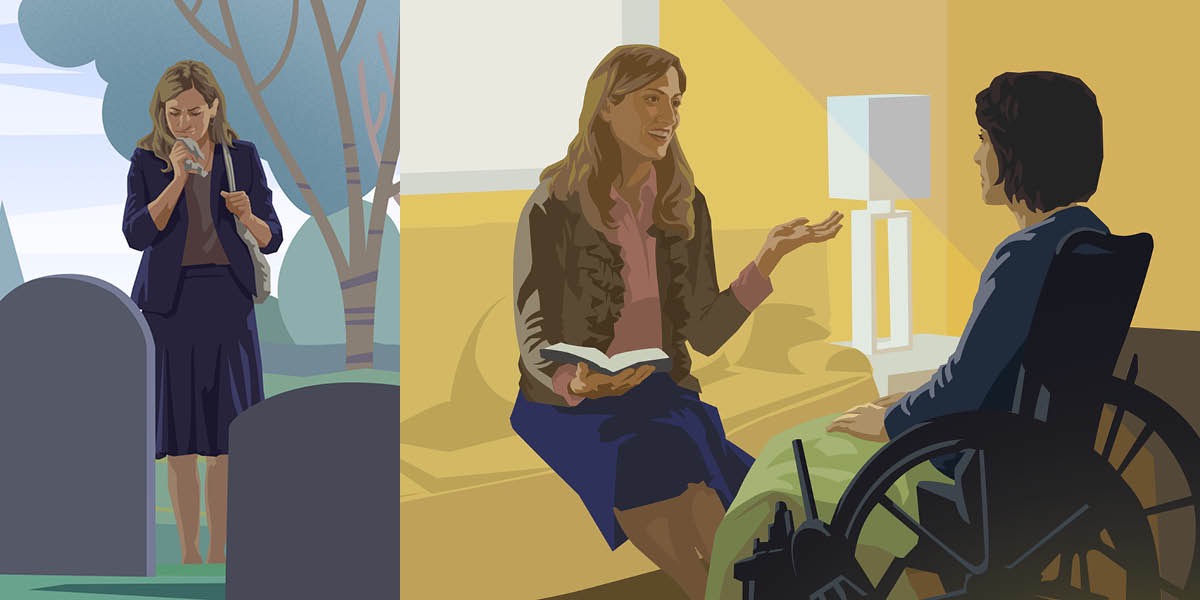 Te aue ra tetai vaine i ko i te menema; tetai vaine i roto i te wheelchair e akarongo ra ki tetai karere Pipiria