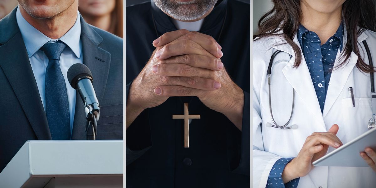 Collage : Domoun ké soidizan nou pé fé konfians 1. In moun la politik la pou kozé dan in mikro. 2. In prèt son dé min lé kroizé. 3. Inn siantifik k’i ténir in karné pou ékri.