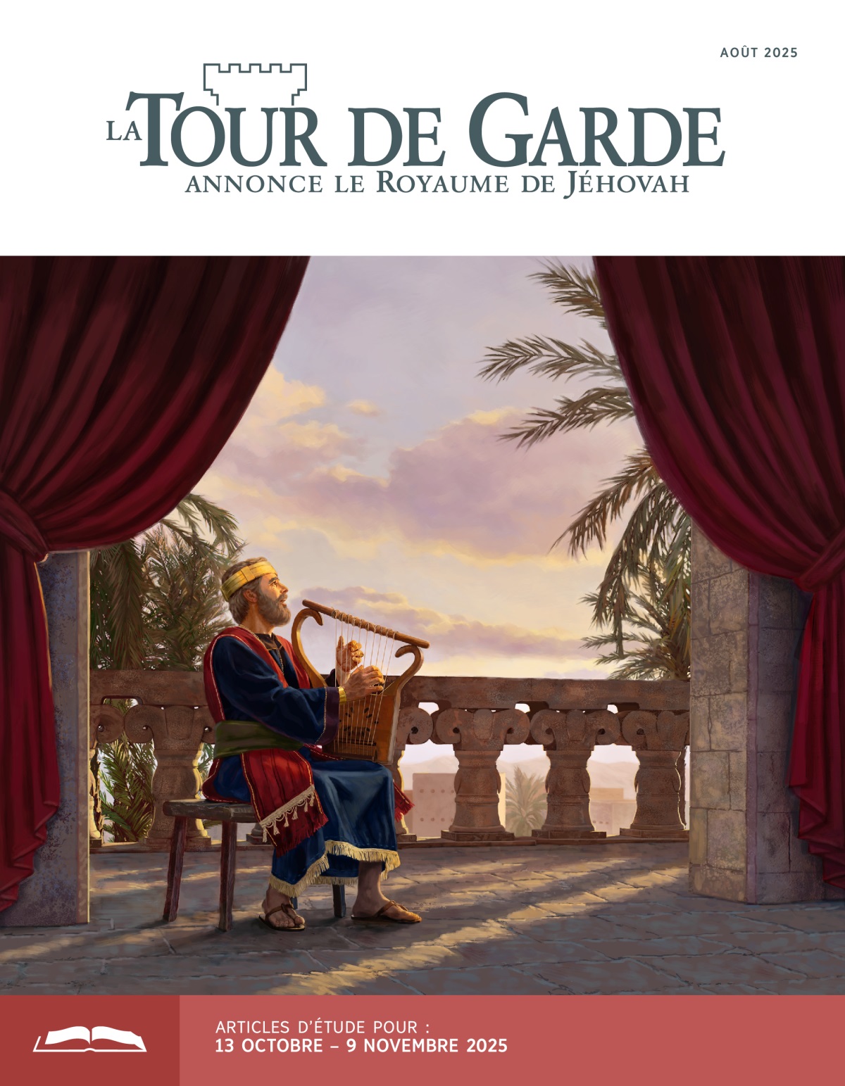 Le roi David est sur un balcon. Il joue de la harpe tout en chantant.