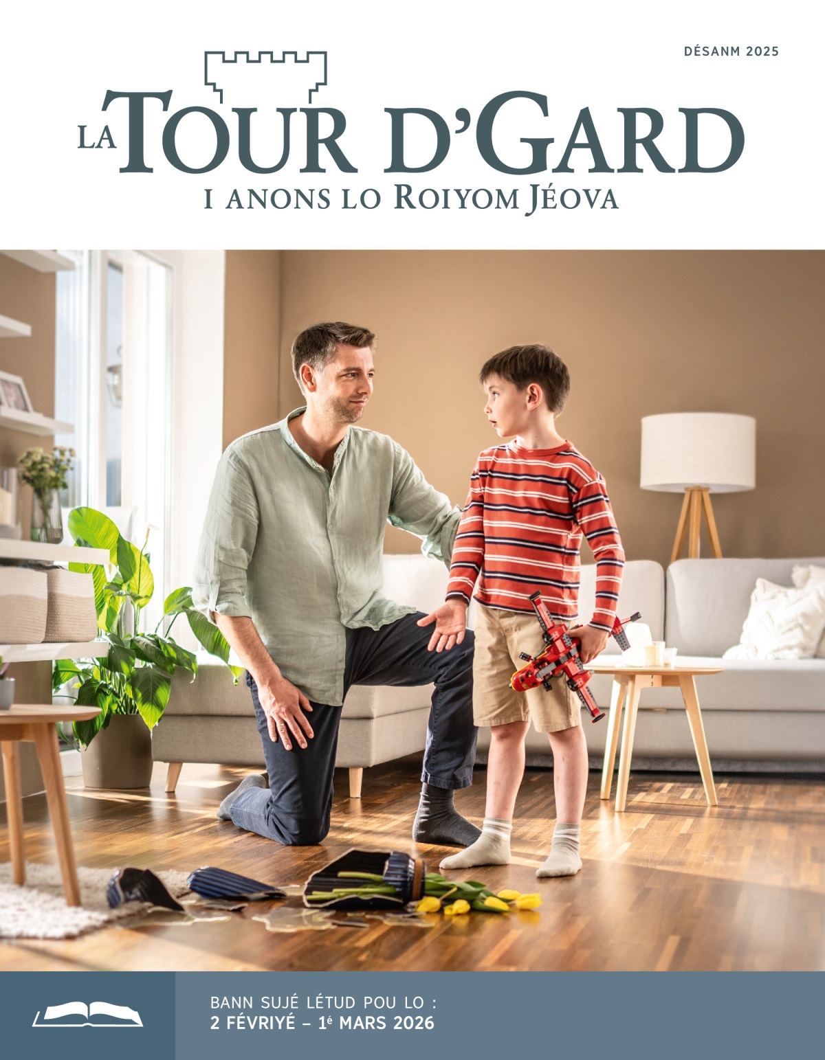 In papa i ékout son garson èk pasians. Lo marmay la pou èsplik ali koman li la kas lo vaz flèr san fé èksopré alork li té pou joué èk son lavion.