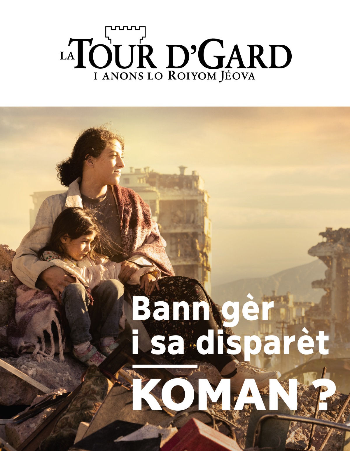 In madam èk son ti fi dann bra lé asiz su in ta la salté, otour d’zot dan la vil néna bann zimèb détrui akoz la gèr.