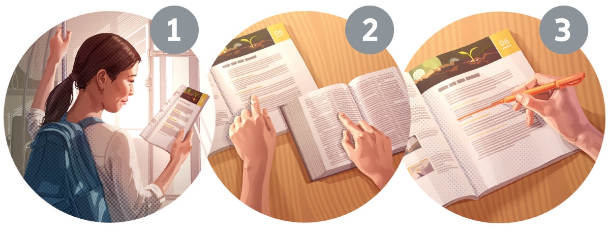 Slike: Jekh džuvli spreminela pe bašo plo biblisko kursi. A. Oj čitinela o pasusija soj ko početok tari lekcija. B. Oj čitinela o bibliska stihija. V. Oj beležinela o glavna lafija hem rečenice tari lekcija.