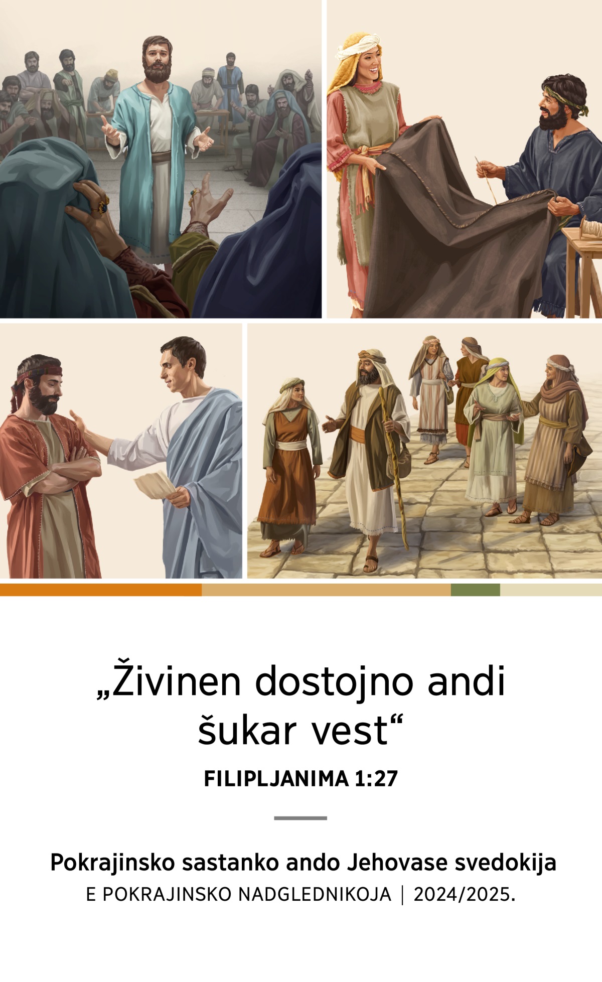 Slike: 1. O Stefan branini pi vera anglo Sinedrion. 2. O Akila hem i Priskila zajedno ćerena šator. 3. O Filip phirela pe romnjaja hem pe štare ćhajencar. 4. O Tit vaćeri jekhe starešinaja.