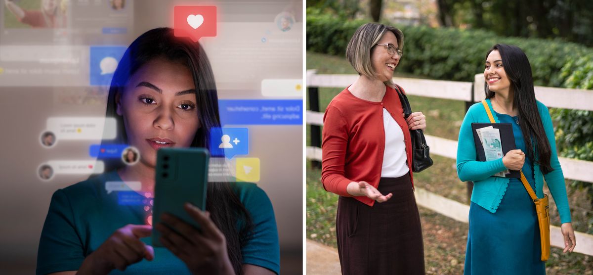 Colaj: 1) O soră tânără se uită pe telefon la informații postate pe rețele de socializare. 2) Aceeași soră conversează bucuroasă cu o altă soră în lucrarea de predicare.