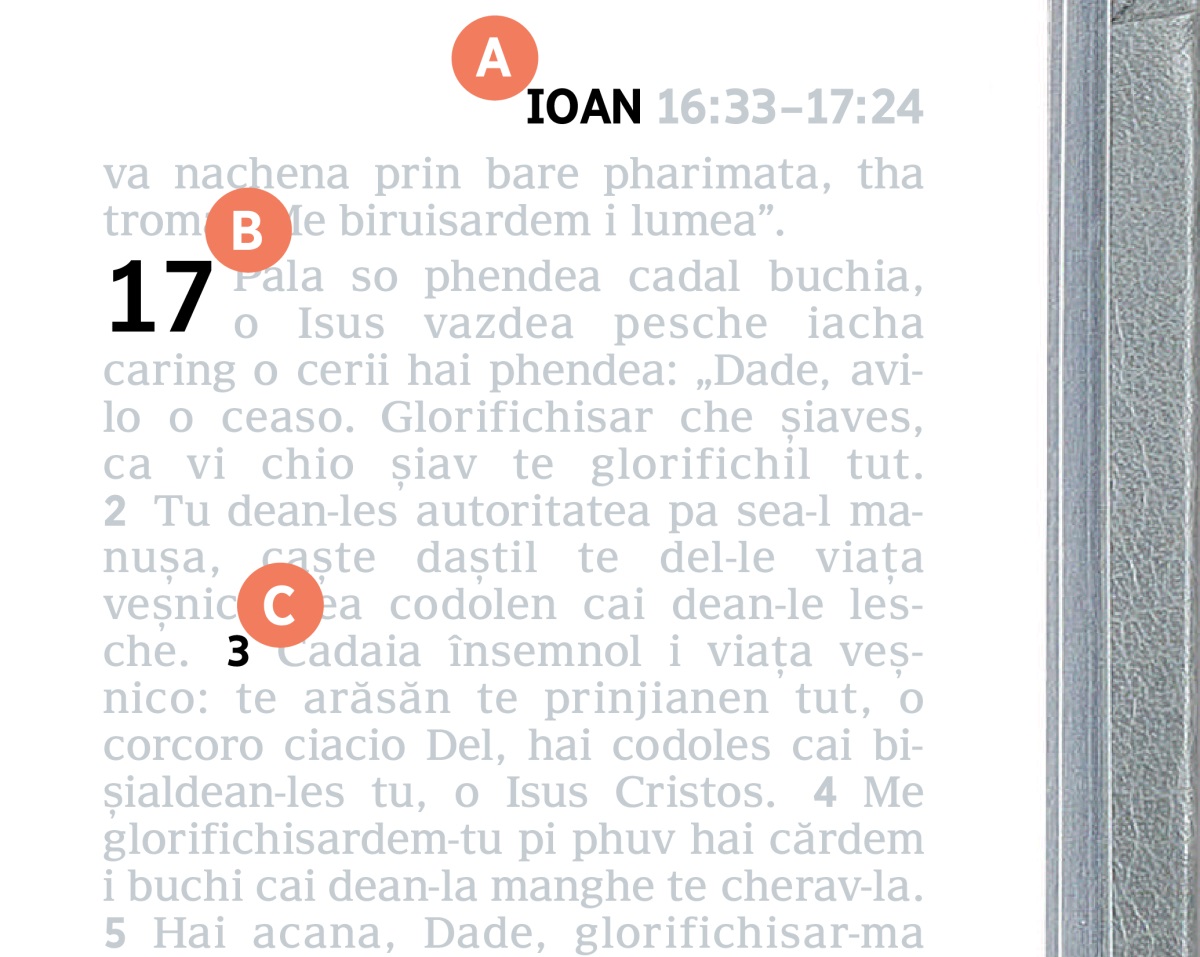 Etichete le literența A, B, hai C pe iech pagina andai Biblia.