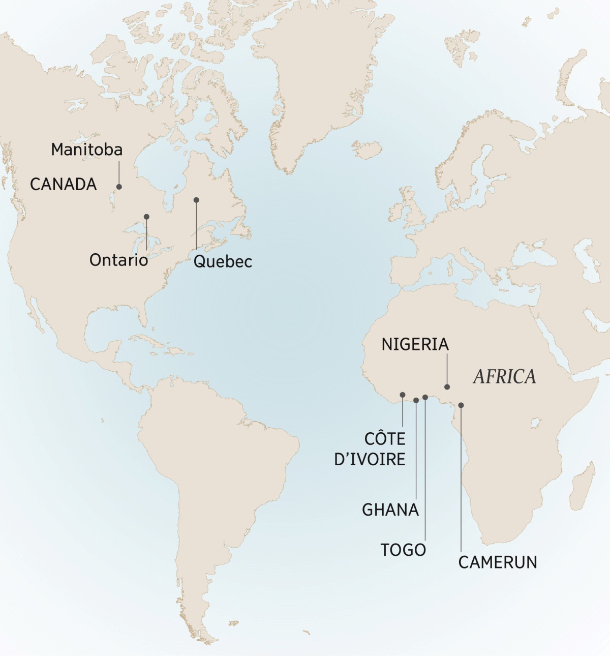 Iech harta cai siacavel cai o André traisardea hai slujisardea: Manitoba, Ontario, and Quebec, Canada; Camerun, Côte d’Ivoire, Ghana, Nigeria, hai Togo, Africa.
