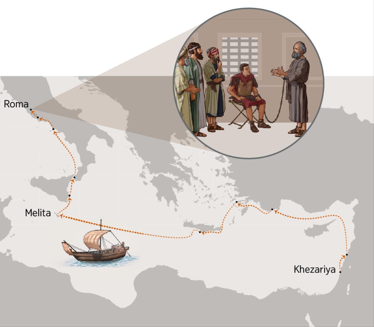 Pawulo a zrezrela vazrangeli va va-Yuda lava tsrhamaka a Roma na a tsrimbiwe hi txhini ni musotxha; ndlela leyi Pawulo a fambiki ha yone ku sukela Khezareya ku ya Roma