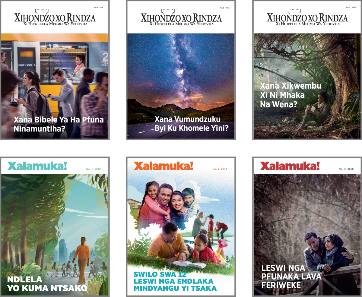 Collage: Tinhlokomhaka ta ‘Xihondzo Xo Rindza’ ni ‘Xalamuka!’ swa 2018. 1. ‘Xana Bibele Ya Ha Pfuna Ninamuntlha?’ 2. ‘Xana Vumundzuku Byi Hi Khomekele Yini?’ 3. ‘Xana Xikwembu Xi Ni Mhaka Na Wena?’ 4. ‘Ndlela Yo Kuma Ntsako.’ 5. ‘Swilo Swa 12 Leswi Nga Endlaka Leswaku Mindyangu Yi Tsaka.’ 6. ‘Leswi Nga Pfunaka Lava Feriweke.’