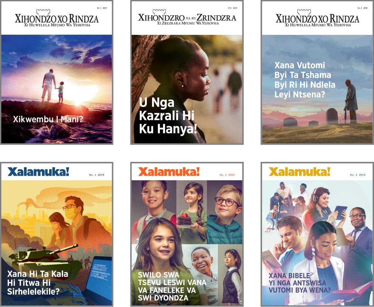 Collage: Tinhlokomhaka ta ‘Xihondzo Xo Rindza’ ni ‘Xalamuka!’ swa 2019. 1. ‘Xikwembu I Mani?’ 2. ‘U Nga Kazrali Hi Ku Hanya!’ 3. ‘Xana Vutomi Byi Ta Tshama Byi Ri Hi Ndlela Leyi Ntsena?’ 4. ‘Xana Hi Ta Kala Hi Titwa Hi Sirhelelekile?’ 5. ‘Swilo Tsevu Leswi Vana Va Faneleke Va Swi Dyondza.’ 6. ‘Xana Bibele Yi Nga Antswisa Vutomi Bya Wena?’