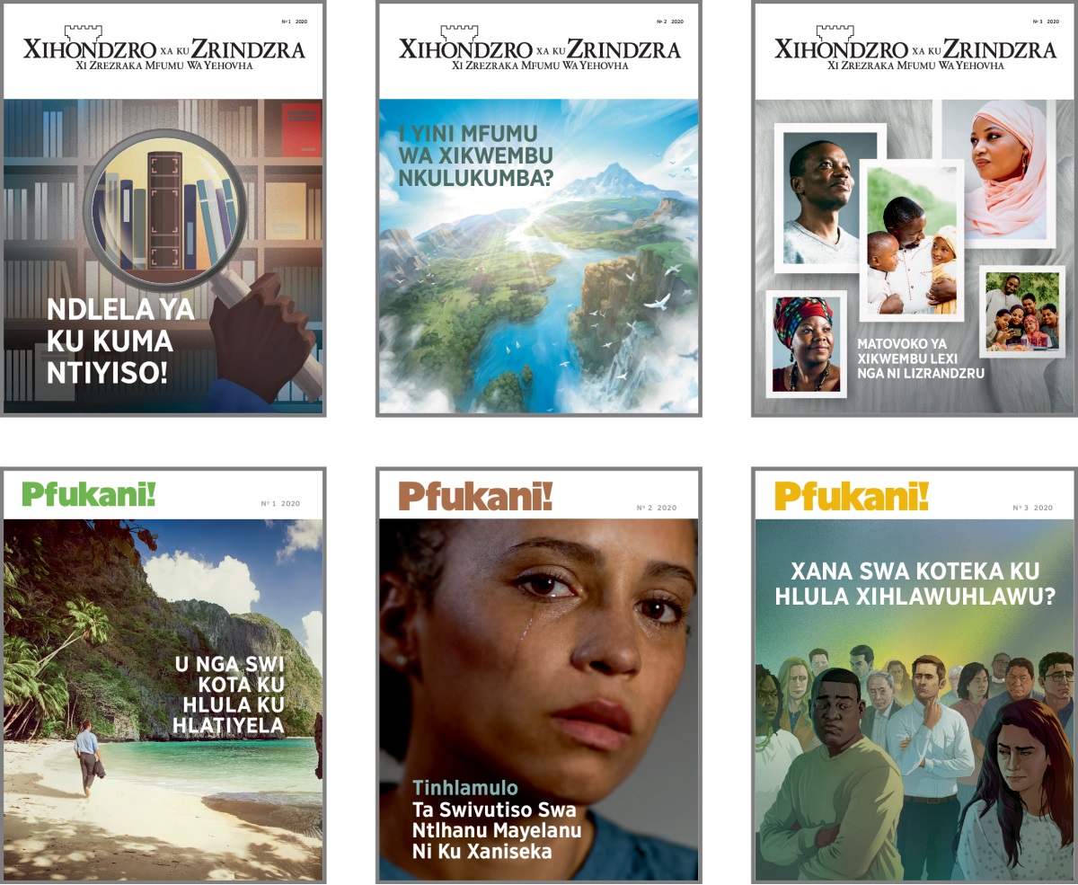 Collage: Tinhlokomhaka ta ‘Xihondzro Xa Ku Zrindza’ ni ‘Pfukani!’ swa 2020. 1. ‘Ndlela Ya Ku Kuma Ntiyiso.’ 2. ‘I Yini Mfumu Wa Xikwembu Nkulukumba?’ 3. ‘Matovoko Ya Xikwembu Lexi Nga Ni Lizrandzru.’ 4. ‘U Nga Swi Kota Ku Hlula Ku Hlatiyela.’ 5. ‘Tinhlamulo Ta Swivutiso Swa Ntlhanu Mayelanu Ni Ku Xaniseka.’ 6. ‘Xana Swa Koteka Ku Hlula Xihlawuhlawu?’