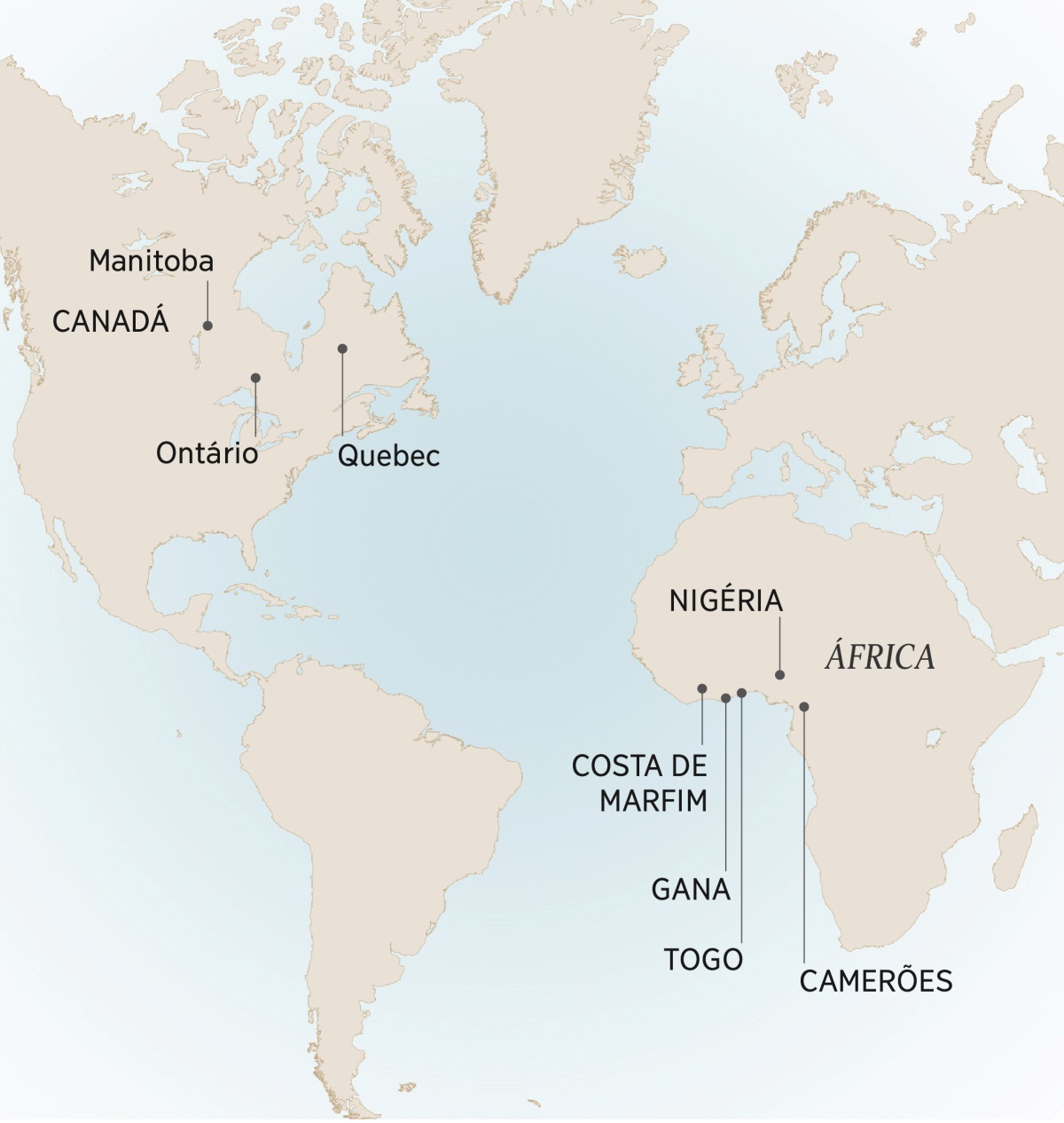 Mapa lowu kombisaka lomu André a tsrhamiki kone ni lomu a tizriki kone: Manitoba, Ontário, ni Quebec, Canadá; Camerões, Costa de Marfim, Gana, Nigéria, ni Togo, África.