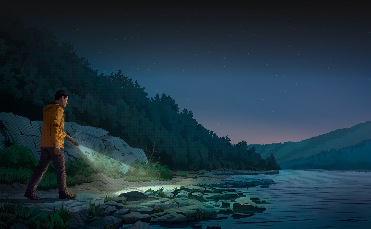 Uomu mjerźe sara pilînga jezero, pje obală ku pjetre pje ja š lumină drumu ku baterijska lampa.