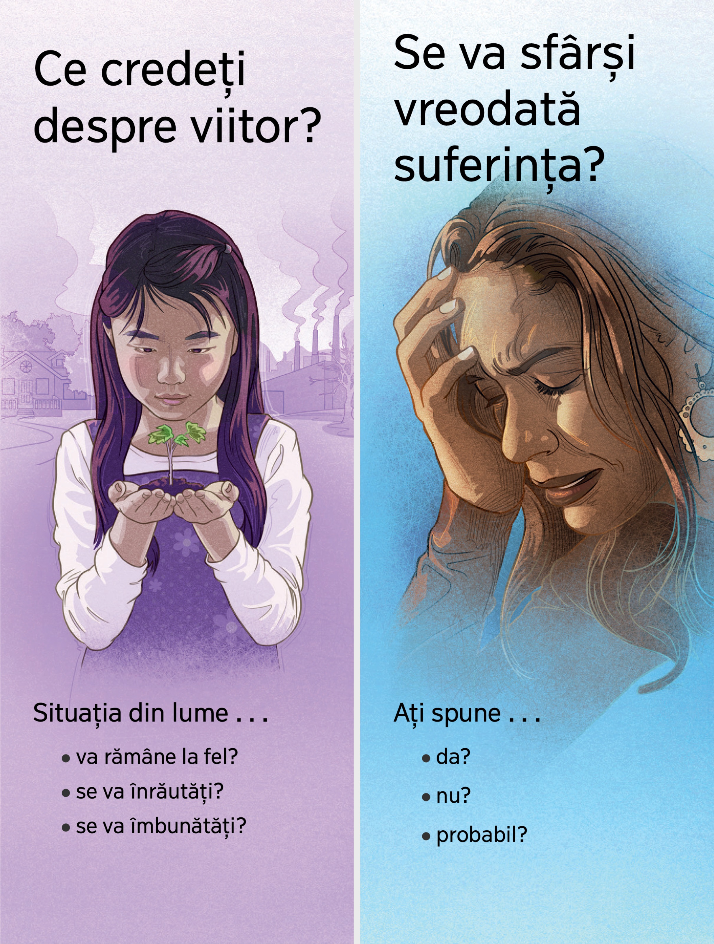 Pliantele „Ce credeți despre viitor?” și „Se va sfârși vreodată suferința?”