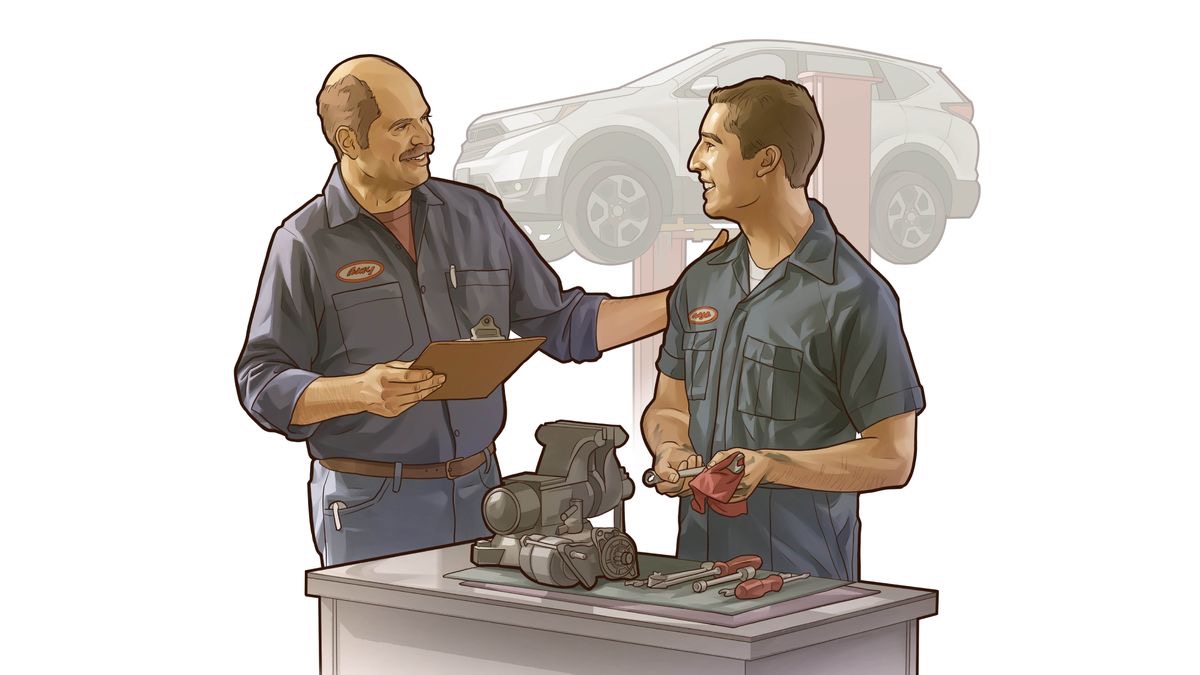 Un angajator îl laudă pentru munca sa pe un frate care lucrează într-un atelier auto.