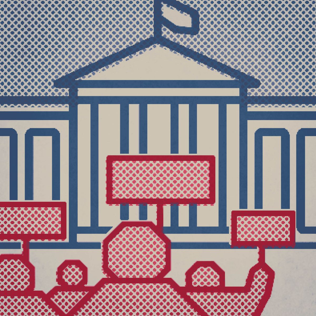 Стилизованное изображение протестов, проходящих перед правительственным зданием.