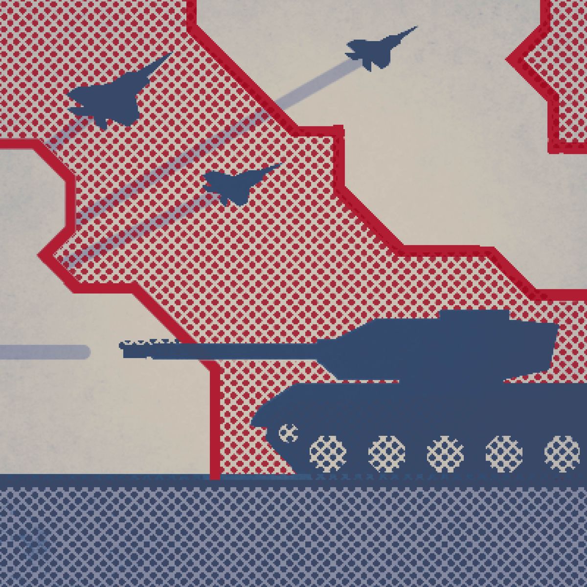 Стилизованное изображение карты, танка и военных самолётов.