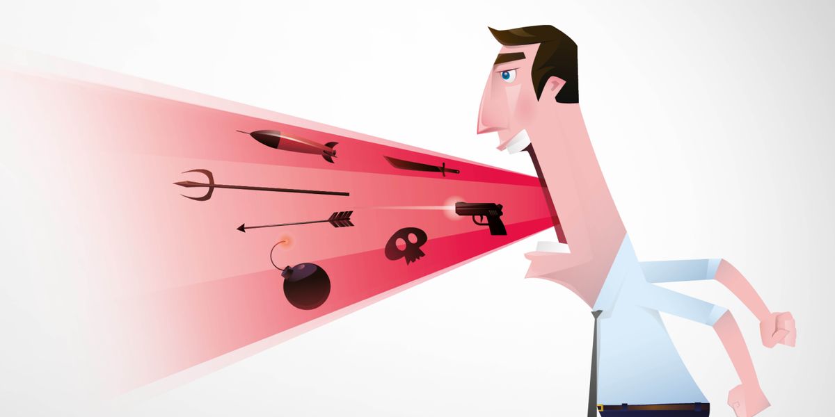 Два нарисованных человечка. Один из них говорит. Его слова изображены в виде стрел, которые летят в сторону другого.