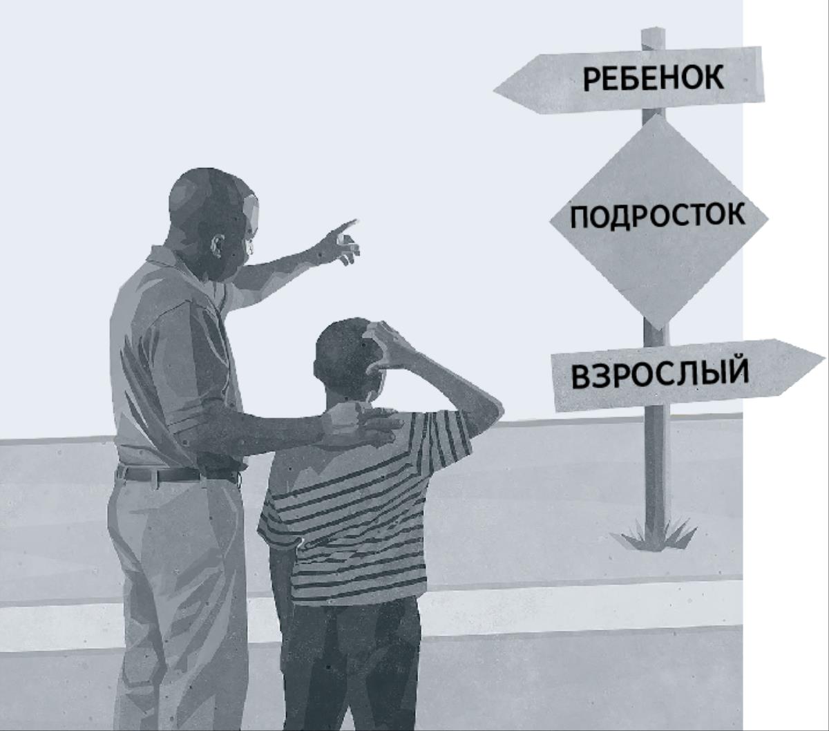 Отец с сыном смотрят на дорожный знак с указателями «Ребенок», «Подросток», «Взрослый»