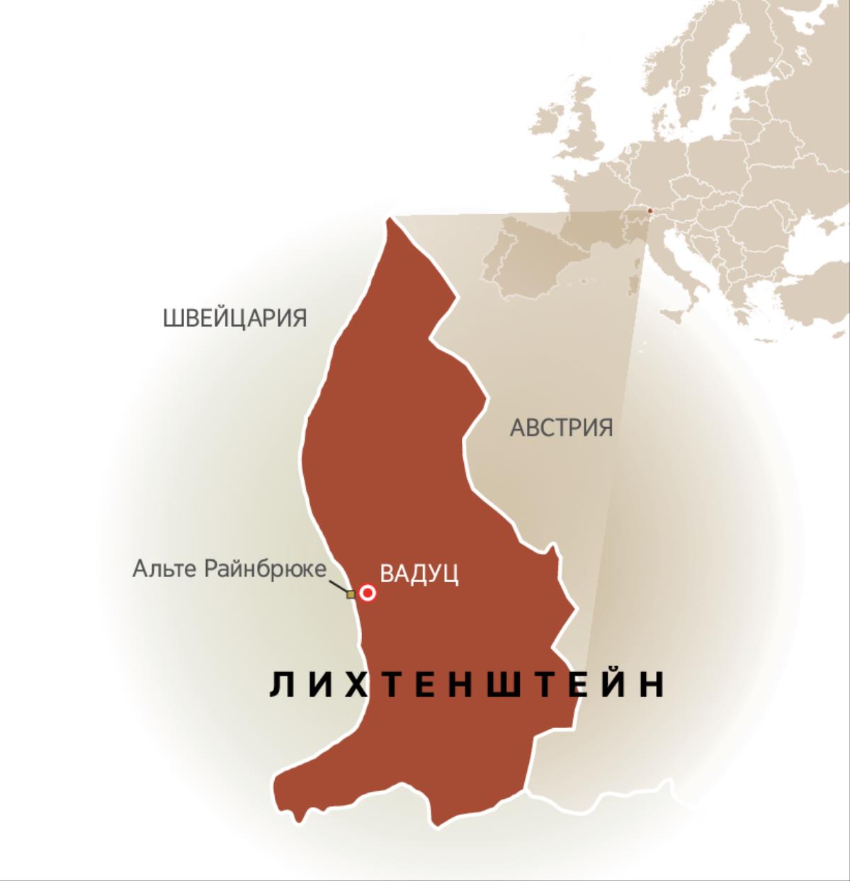 Лихтенштейн на карте и его границы с Австрией и Швейцарией