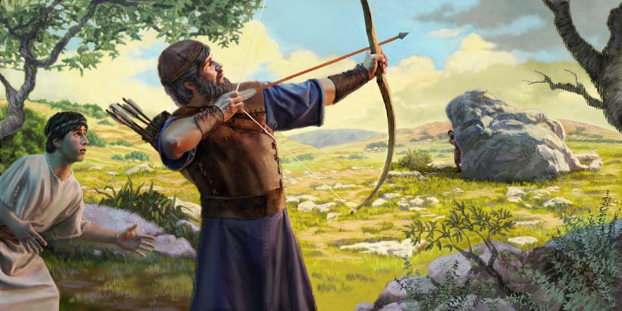 Ионафан собирается выстрелить из лука, чтобы подать знак Давиду