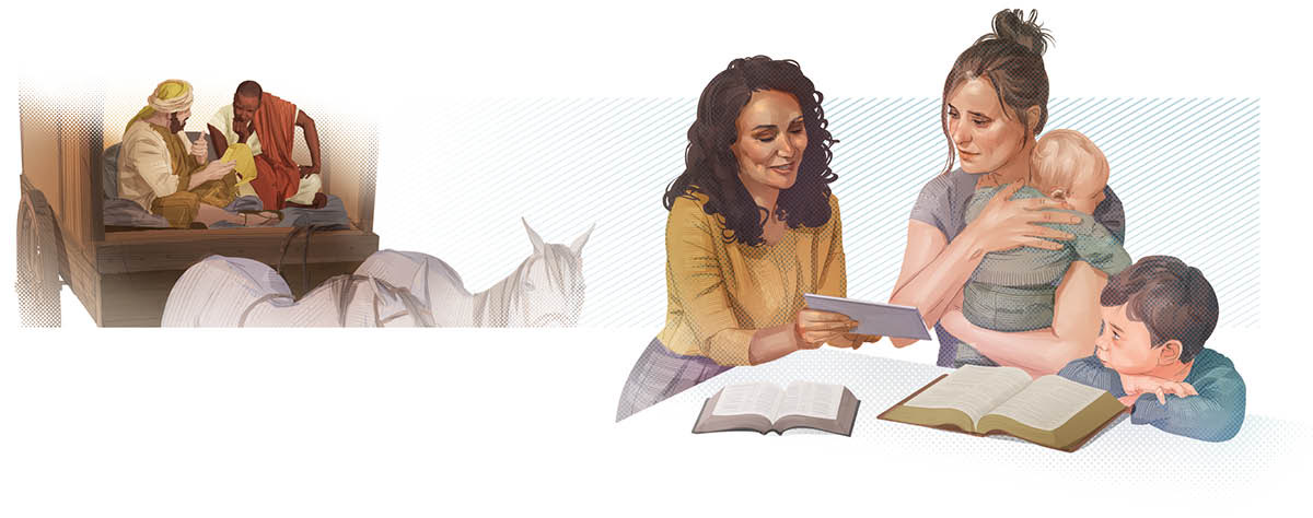 Коллаж: 1) благовестник Филипп объясняет эфиопскому вельможе Священное Писание; 2) Свидетель Иеговы обсуждает Библию с женщиной, у которой двое детей.