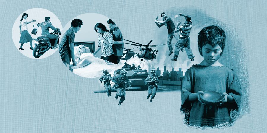 Некоторые из сегодняшних проблем: преступность, болезни, войны, насилие и нехватку продовольствия