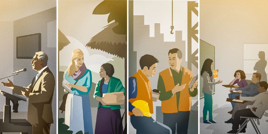 Брат выступает с речью; сестра проповедует; брат проповедует на работе; девушка выступает с докладом перед классом