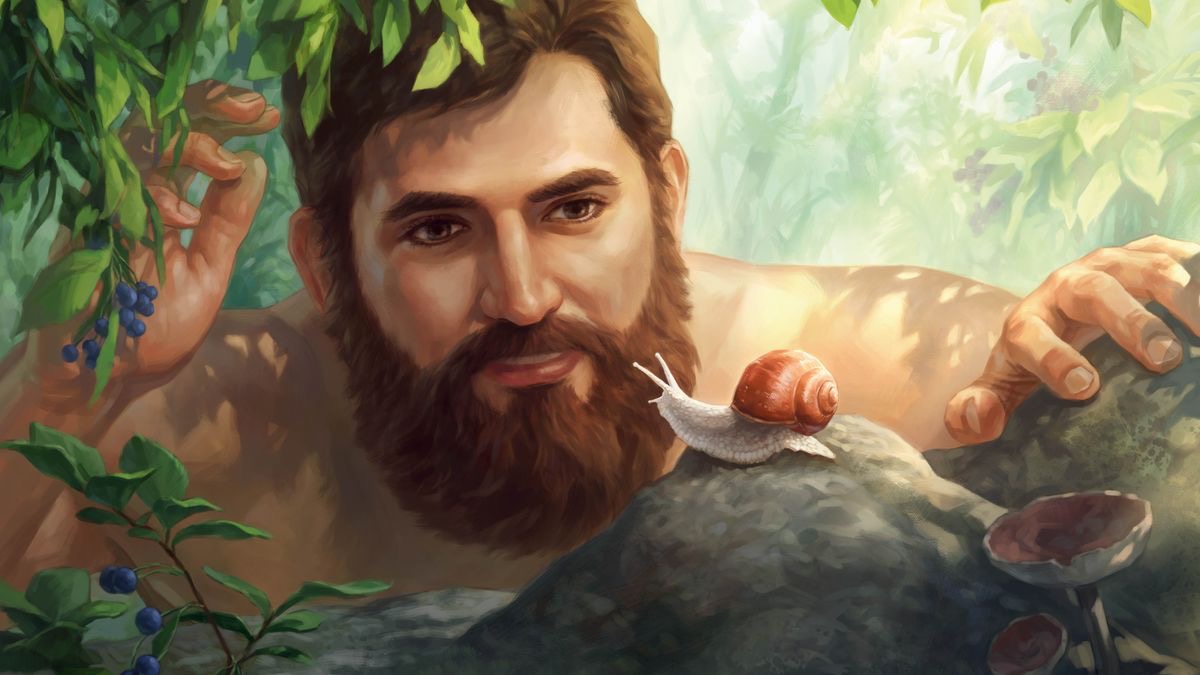 Адам с любопытством наблюдает за улиткой на камне.