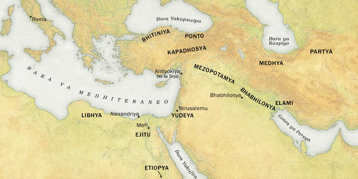 Mapa anapangiza pisa pidabuluka anthu adabva mphangwa zadidi pa Pentekoste ya 33 P.K.K. 1. Pisa: Libhya, Ejitu, Etiopya, Bhitiniya, Ponto, Kapadhosya, Yudeya, Mezopotamya, Bhabhilonya, Elami, Medhya na Partya. 2. Mizinda: Roma, Alexandriya, Mefi, Antiokiya (wa ku Sirya), Yerusalemu na Bhabhilonya. 3. Madzi: Bara ya Medhiteraneo, Bara yakupswipa, Bara Yakufira, Bara ya Kaspiyo na Gowa ya Persya.
