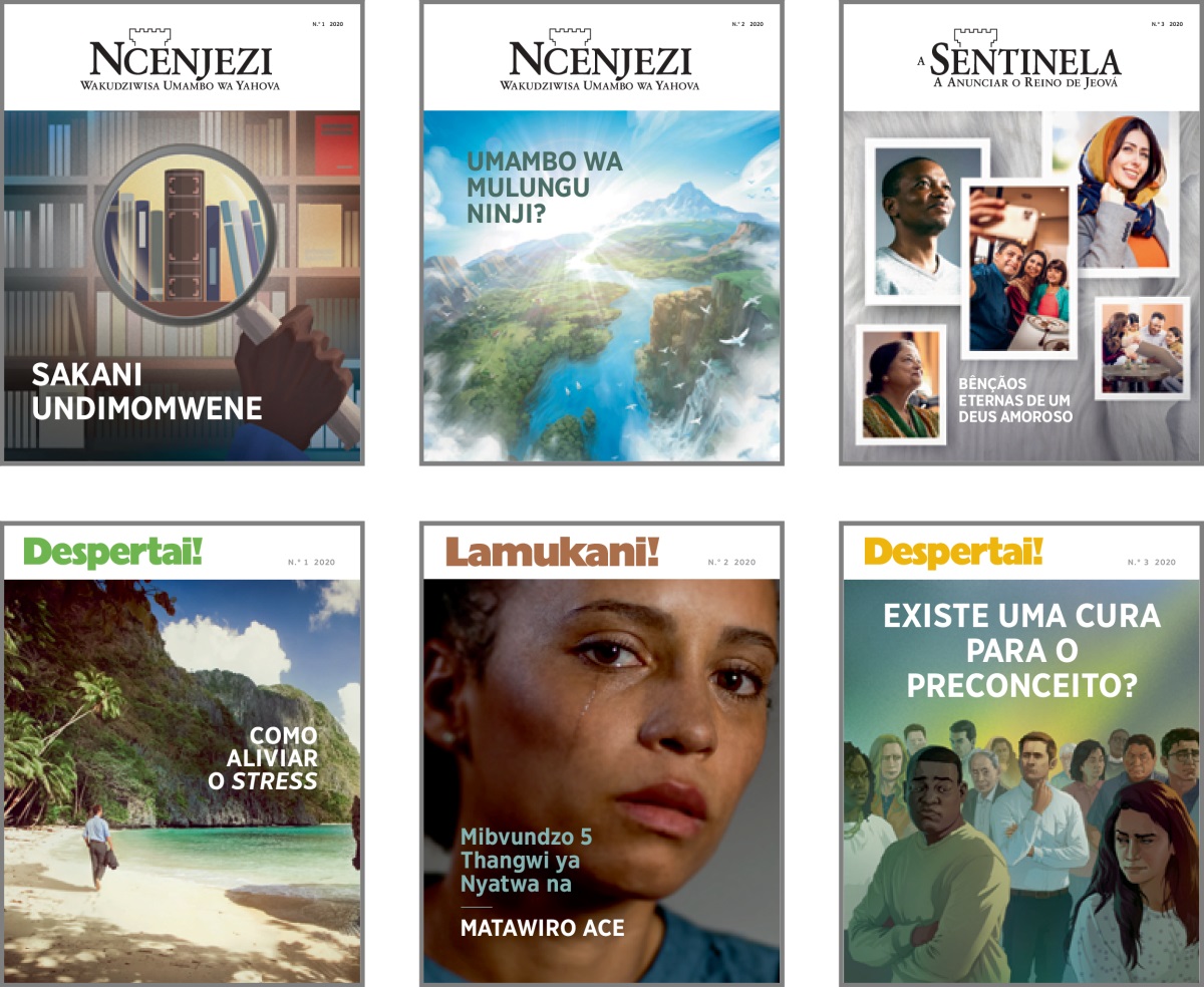 Foto: Misolo ya marevista a ‘Ncenjezi’ na ‘Despertai!’ ya 2020. 1. ‘Sakani Undimomwene.’ 2. ‘Umambo wa Mulungu Ninji?’ 3. ‘Bênçãos eternas de um Deus amoroso.’ 4. ‘Como aliviar o stress.’ 5. ‘Mibvundzo 5 Thangwi ya Nyatwa na Matawiro.’ 6. ‘O preconceito vai acabar?’