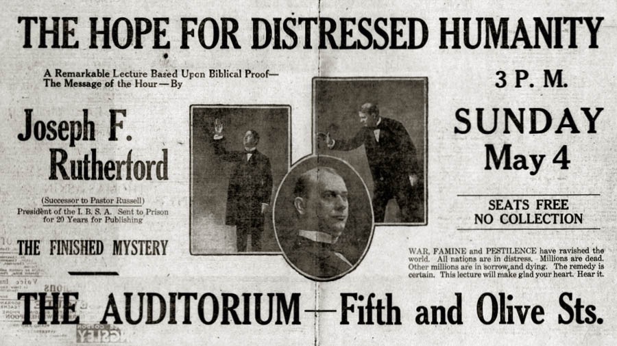 Tsamba yakudziwisa nkhani ya M’bale Rutherford ya nsolo wakuti “Cidikhiro Kuna Anthu Akutsukwala” ku Los Angeles, California, 1919