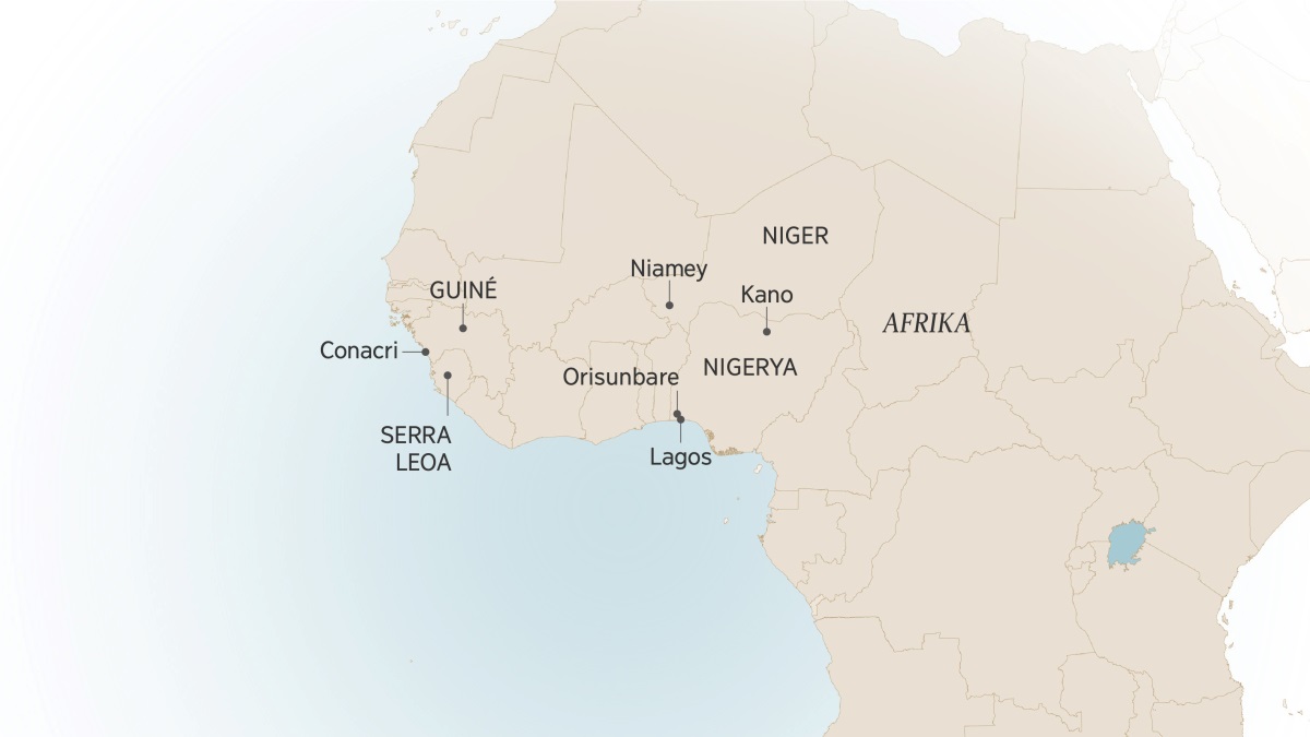 Mapa a Afrika, ali kupangiza mbuto zidakhala m’bale Israel Itajobi na zidatumikira iye: Conacri, Guiné; Serra Leoa; Niamey, Niger; Kano, Orisunbare na Lagos, Nigerya.