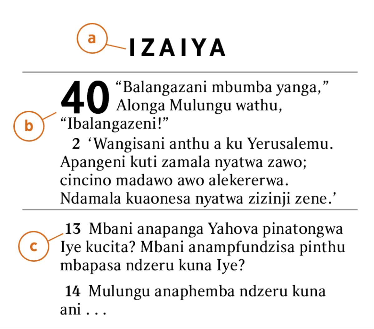 Khundu yakulembwa ya Bhibhlya toera kupangiza kuti tinagumana tani a) bukhu ya Bhibhlya, b) kapitulu, na c) vesi
