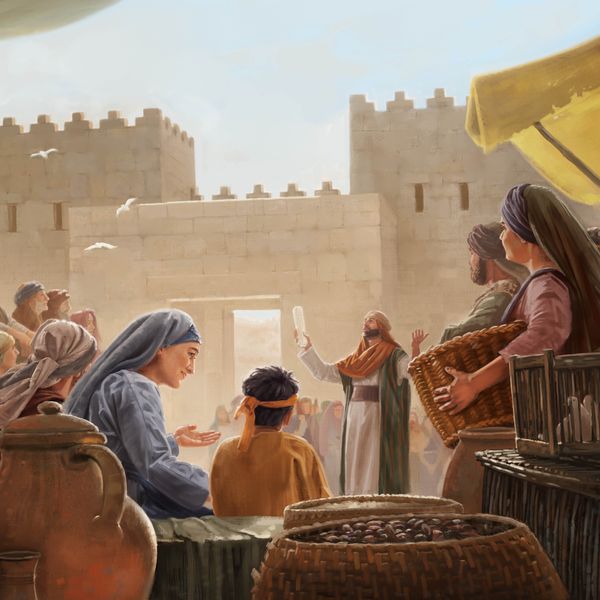A group of Israelites near the city gate, listening to a priest speak. He is holding a scroll.