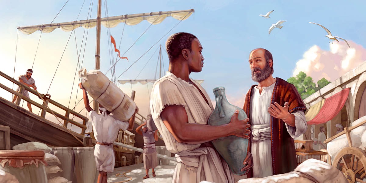The apostle Paul speaks to a worker beside a cargo ship
