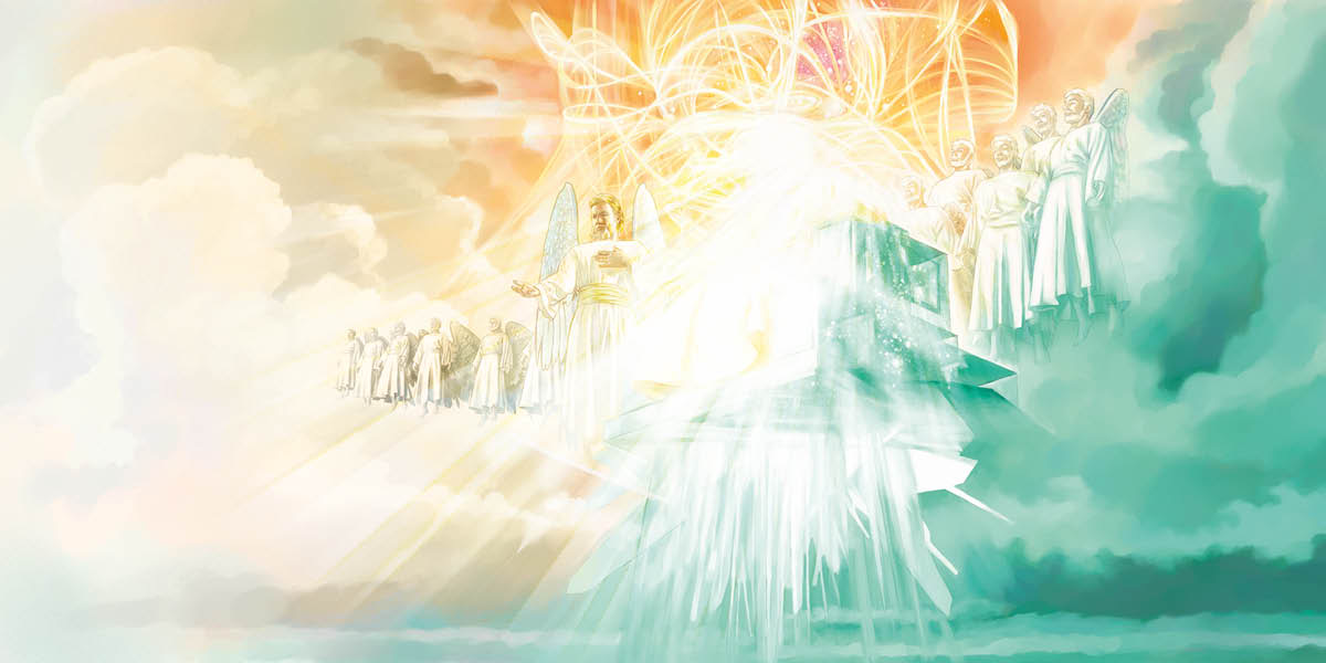 A representation of Jehovah sitting on an emerald throne surrounded by many angels. Flashes of brilliant light encircle the throne.