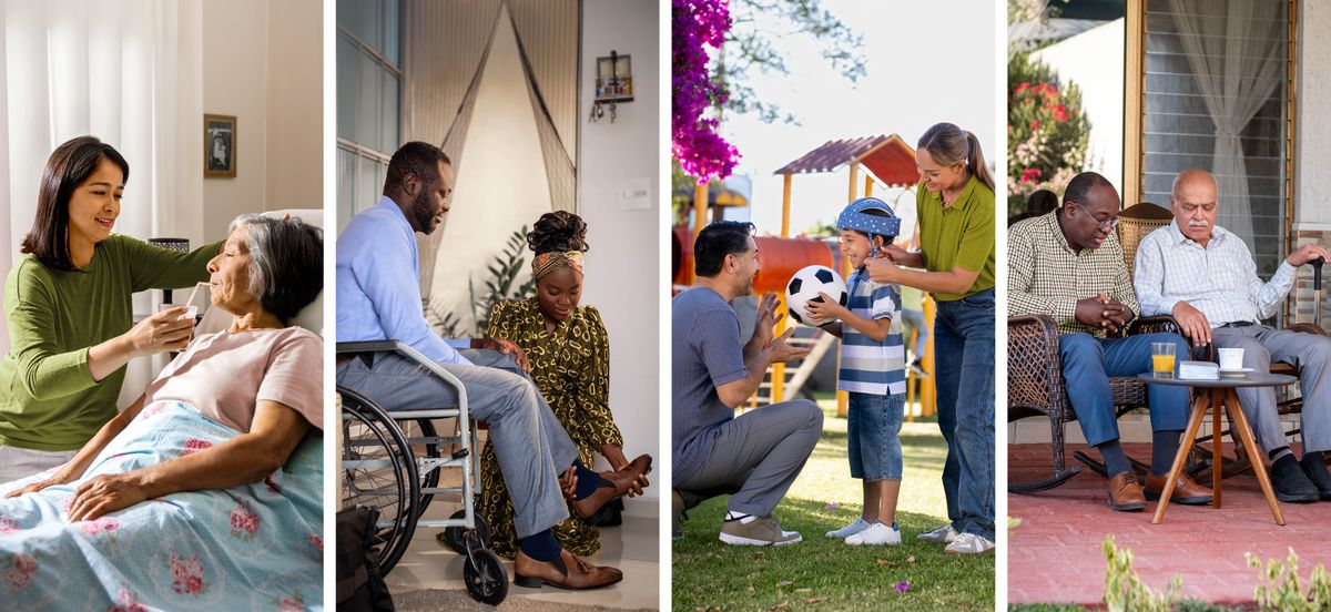 Collage: Caregivers in different circumstances. 1. A sister feeds her aging mother, who is bedridden. 2. A sister helps her husband, who is in a wheelchair, put on his shoes. 3. A mother straps a special-needs helmet on her young son before he plays soccer with his father. 4. A brother visits an elderly brother at his home and prays with him.